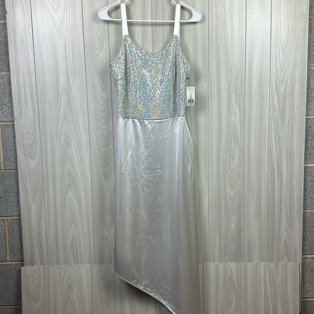 JM Studio Womens Dress 10 White Sequin Asymmetrical Sleeveless Wedding Sparkle